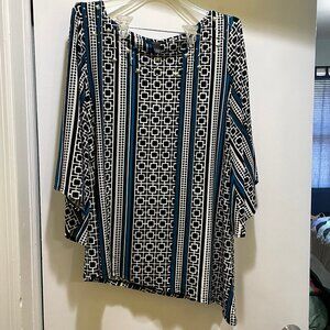 Women's Large ALFANI Assymetrical Hem Pattern Flowy Blouse Geometric Teal black